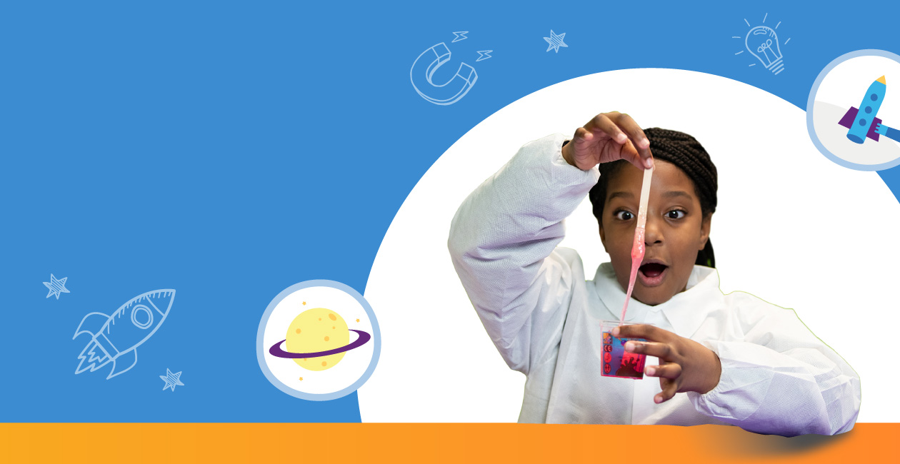A girl in a lab coat playing with slime surrounded by planet and rocket illustrations.